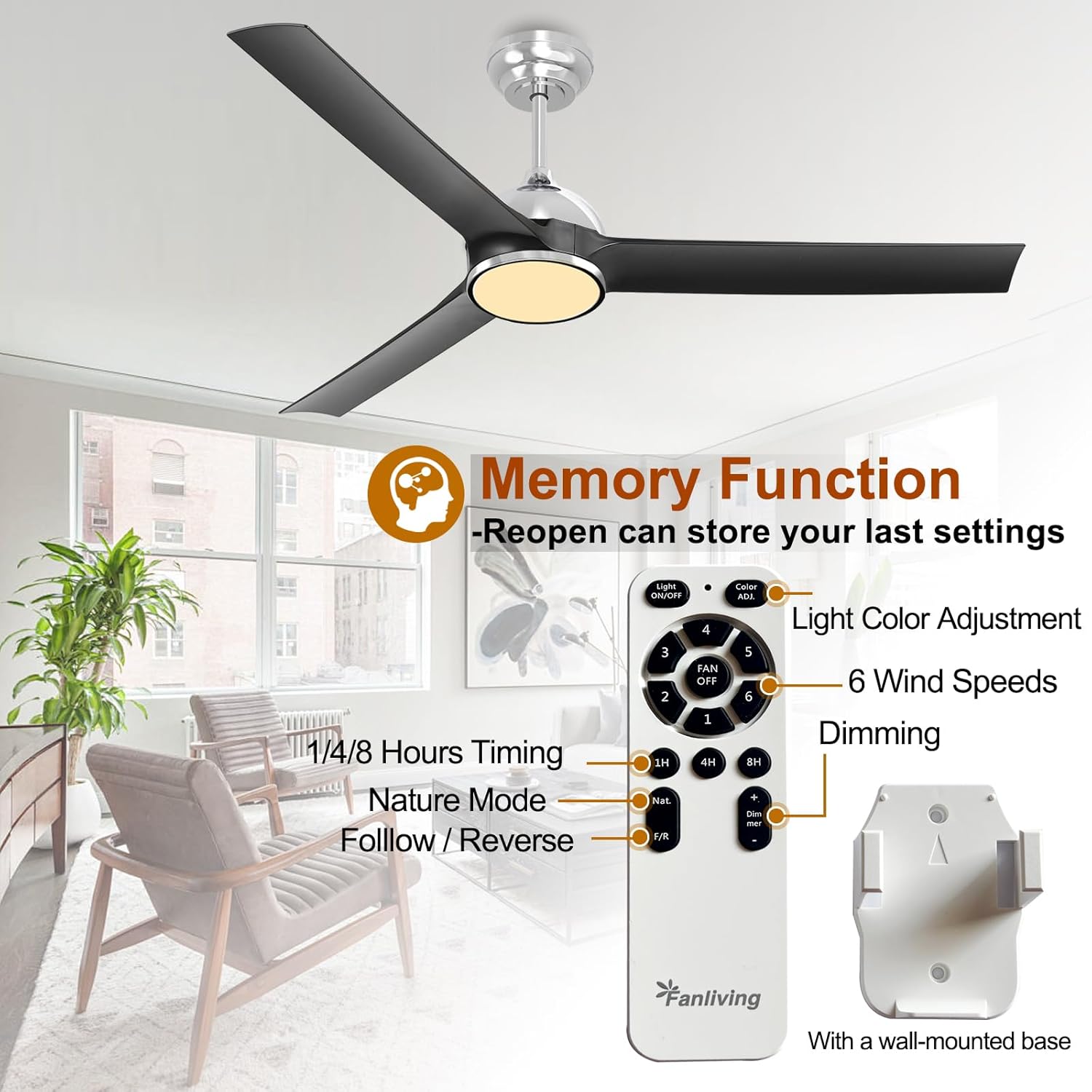 52 Inch Black Ceiling Fan with Lights Remote Control,Quiet DC Motor/Dimmable 3 Colors LED/6 Speed High CFM/3 Blade Indoor Ceiling Fan for Bedroom Living Dining Room or Outdoor Porch