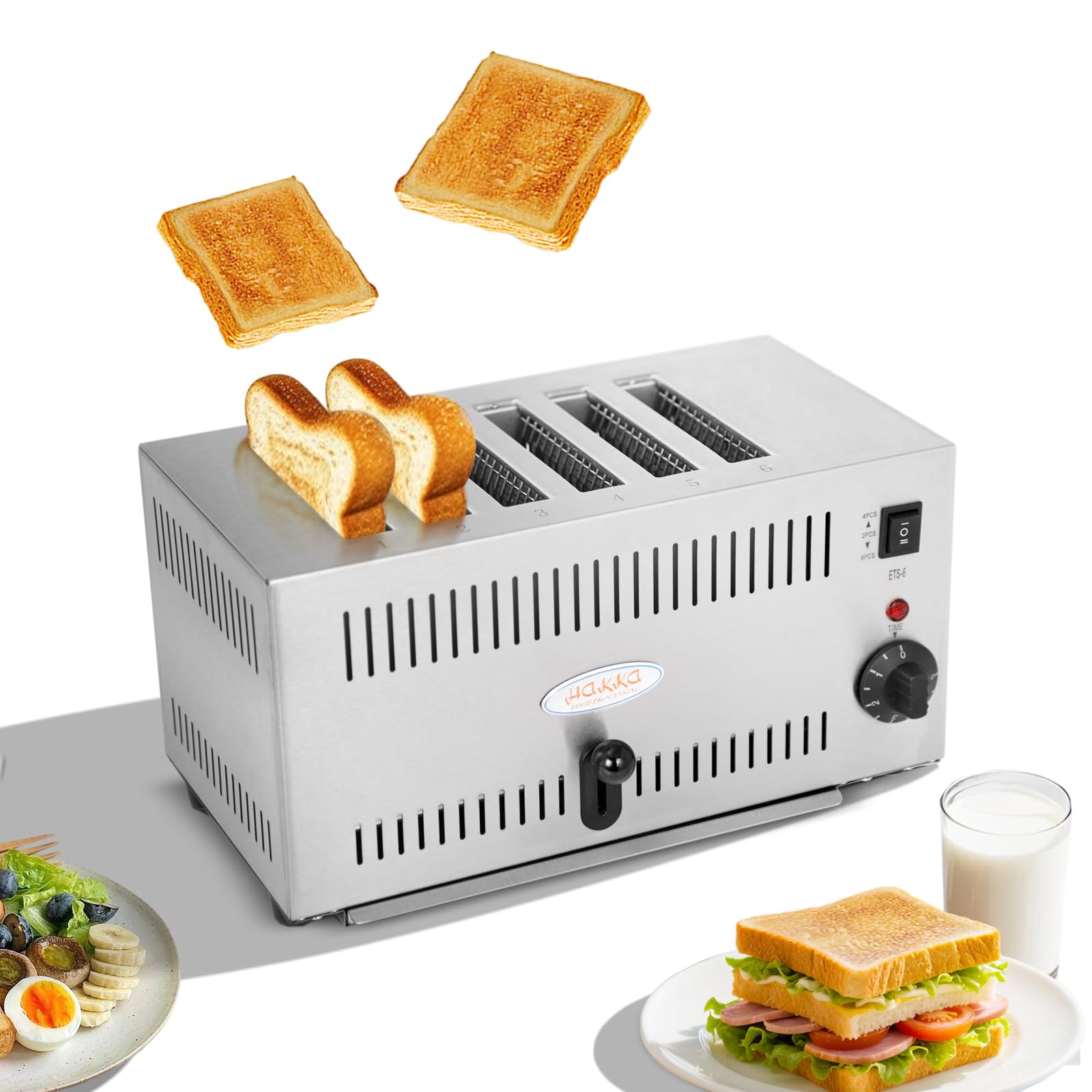 HAKKA 6 Slice Toaster Commercial, 2500W Electric Toasters with 5 Browning Levels Brushed Stainless Steel Extra Wide Slots Pop-Up Catering Hamburger Bread Toaster With Removable Crumb Tray