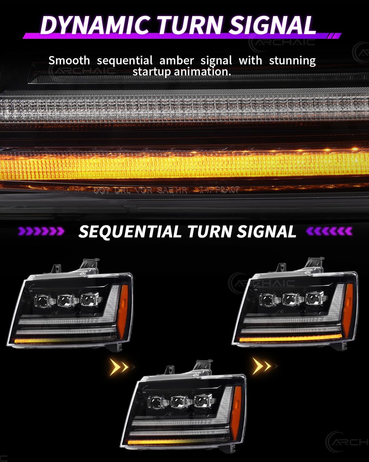 Archaic Headlights Compatible for 2007-2014 Chevy Tahoe/Suburban / 2007-2013 Avalanche,Front Lights w Sequential turn signal & Startup Animation DRL, Pair