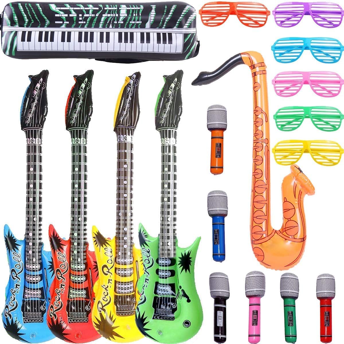 Inflatable Rock Star Toy Set, 18 Pack Inflatable Party Props - 4 Inflatable Guitar, 6 Microphones, 6 Shutter Shading Glasses, 1 Saxophone and 1 Inflatable Keyboard Piano Inflatable Rock Toys