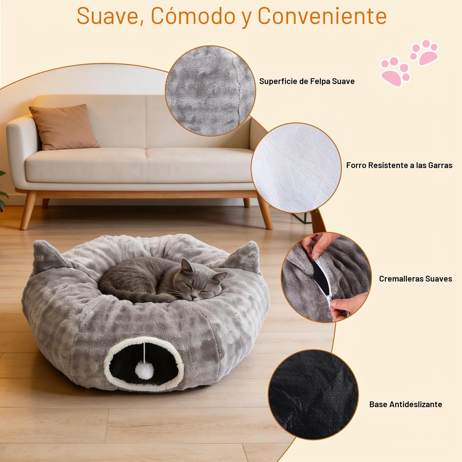 Tunel para Gatos, Túnel de Juego y Cama Gato 2 en 1 con Juguetes Colgantes, Cat Tunnel con 2 Entradas, Cojín Circular Lavable, Túnel para Gatos Plegable para Gatitos/Cachorros/Conejos