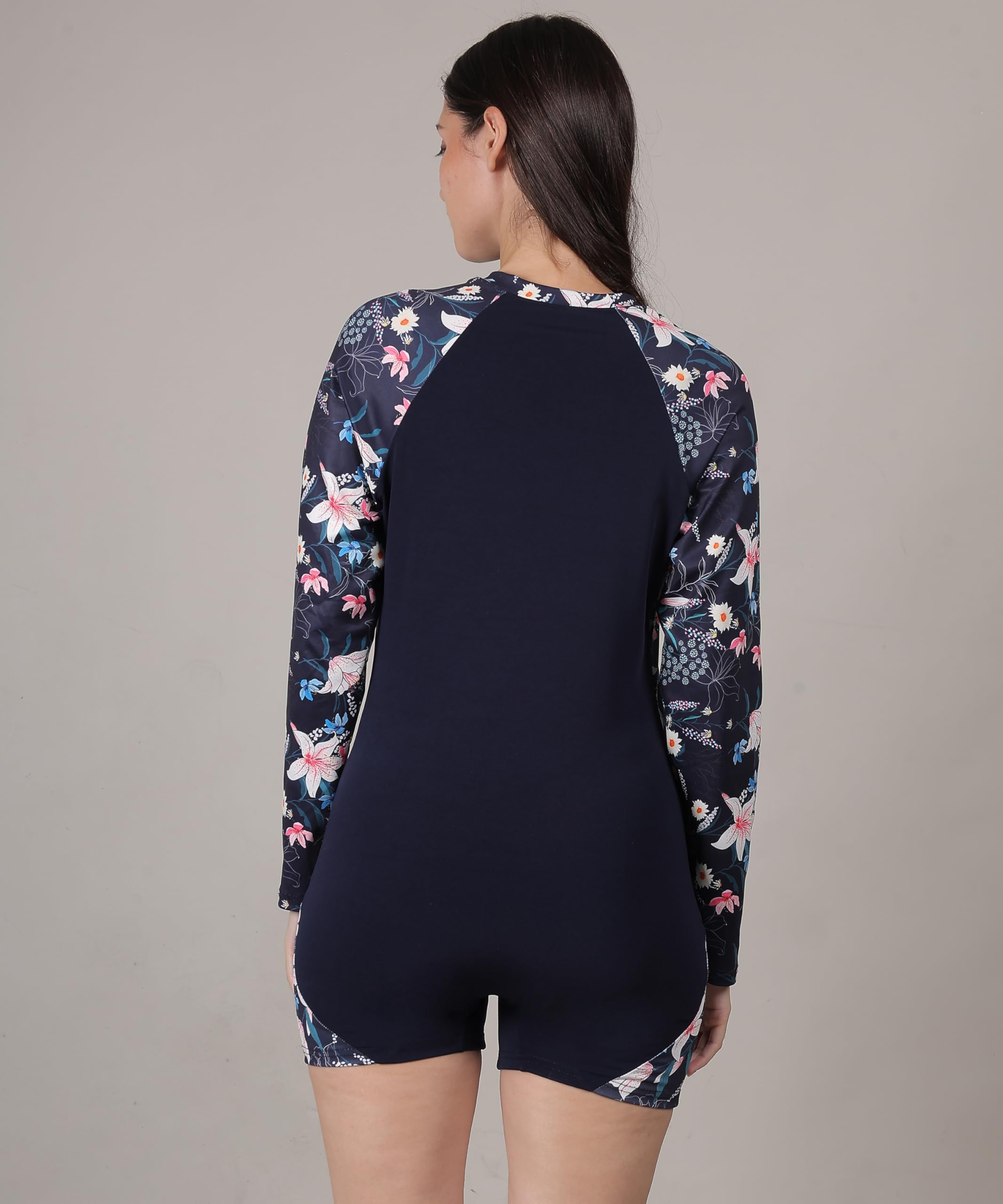 MEGASKA Long Sleeve One Piece Padded Swimming Costume Rash Guard Swimsuit Romper Surfing Swimwear Beach Swimming Suit for Women_NavyFloralNavy_L Navy 2