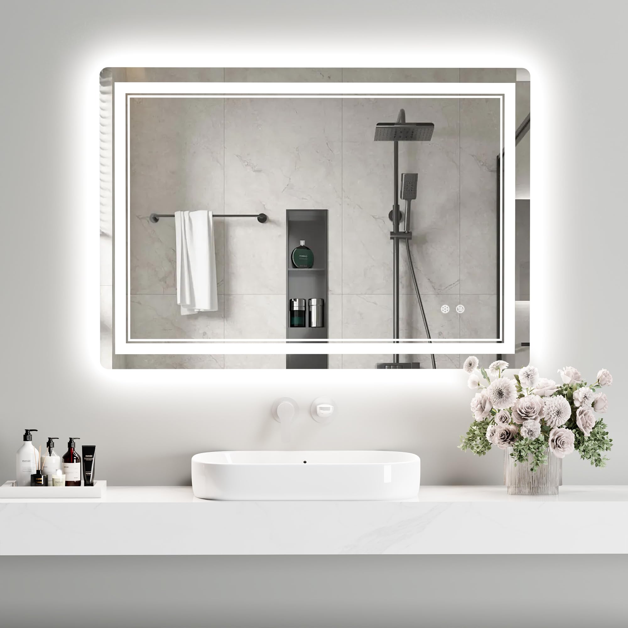bigzzia Espejo de baño con iluminación – Espejo de baño con iluminación LED iluminada con efecto antivaho, espejo con iluminación, 3 colores claros, 80 x 60 cm