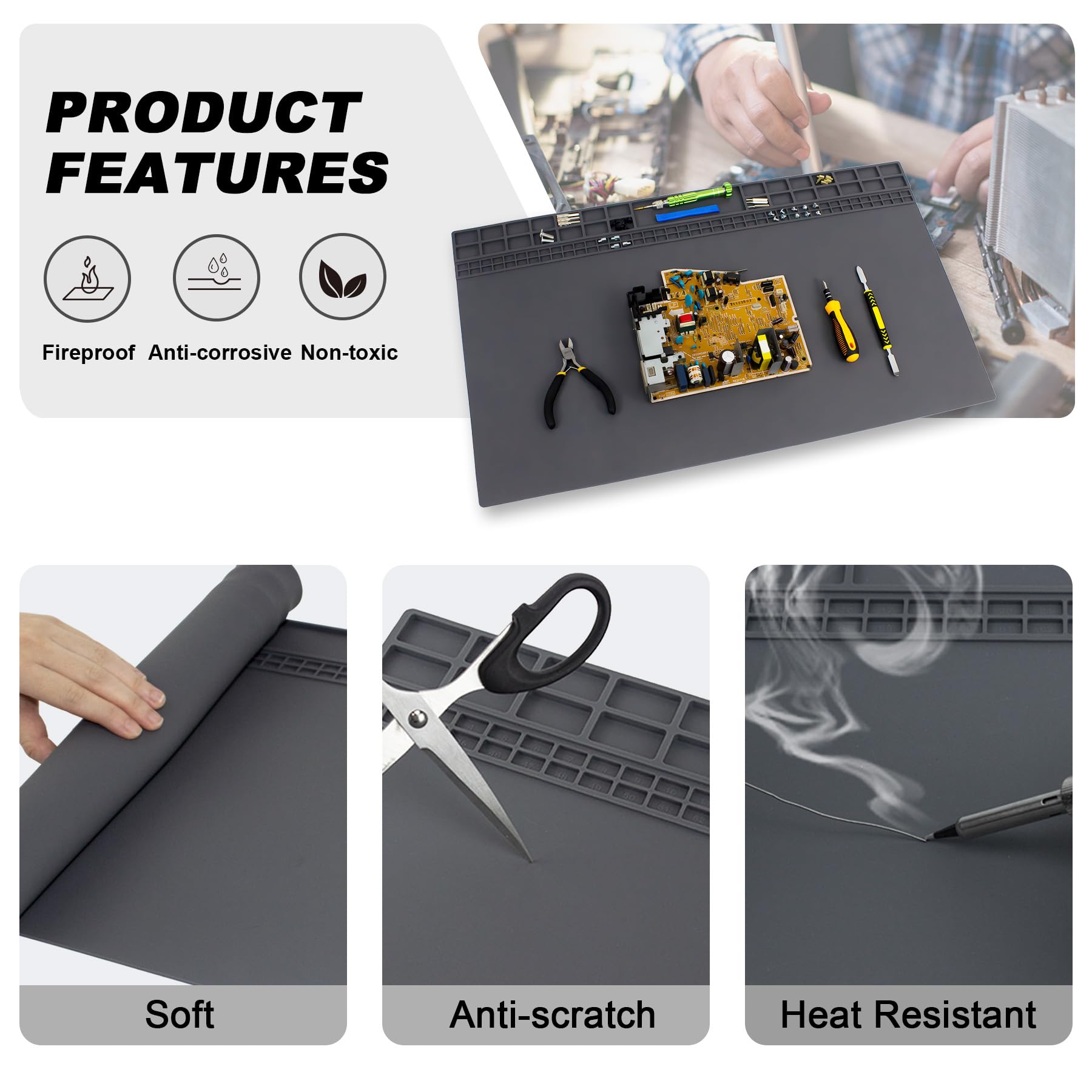 Alfombrilla de soldadura de silicona extra grande de 60 x 35 cm, resistente al calor, 500.0 °C, antideslizante, para reparación de soldadores BGA y pistola, electrónica, teléfono, laptop (gris)
