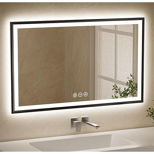 Findepot 20x28 LED Bathroom Mirrors for Wall -Make Up Black Aluminum Framed,Anti-Fog Vanity Mirror with Lights,Stepless Dimmable Lighted Mirror,3 Colors Smart Mirror(Horizontal/Vertical)