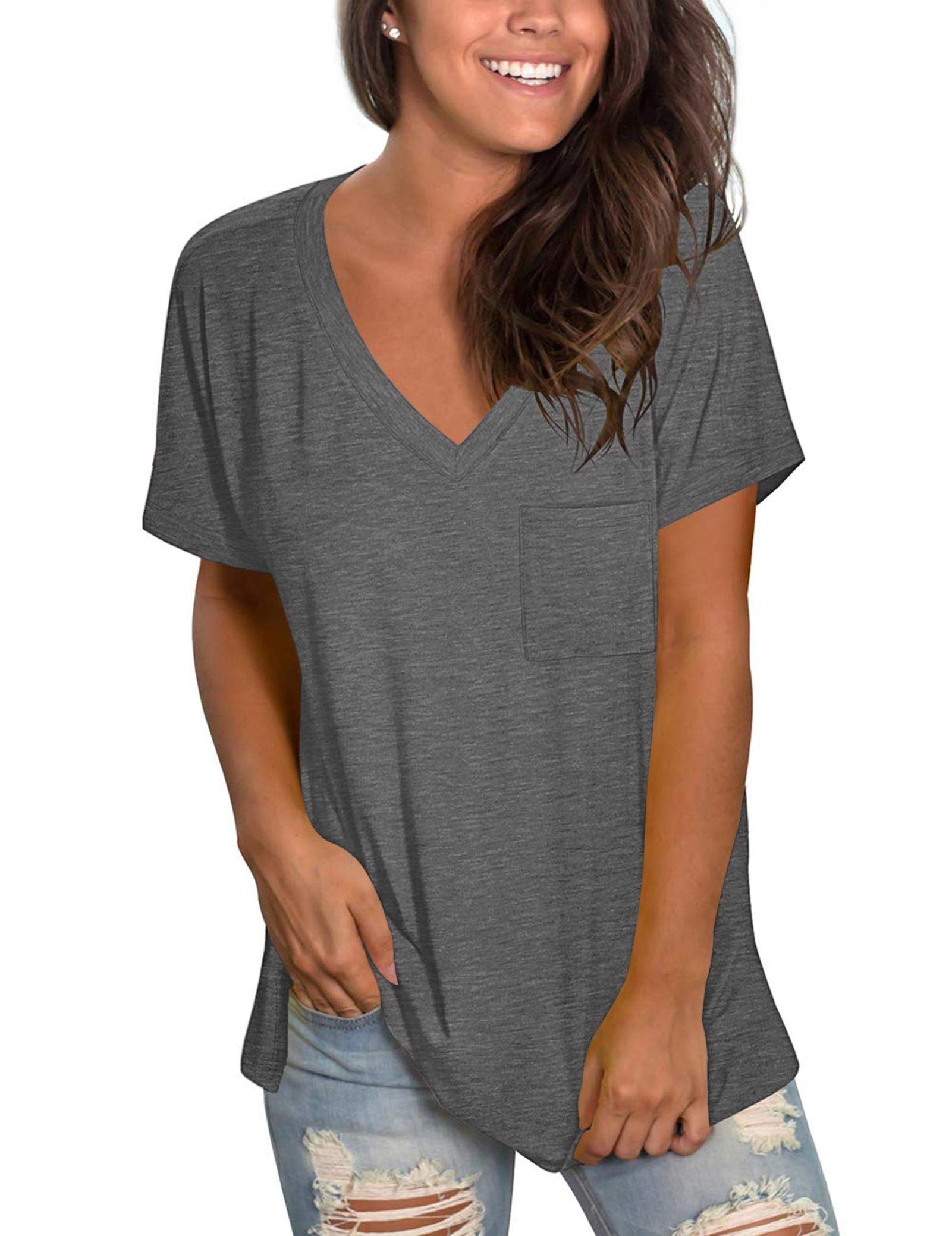 MOLERANI Camisetas para Mujer de Manga Corta con Cuello en V Camisetas Sueltas de Verano Camisetas básicas de túnica con Bolsillo