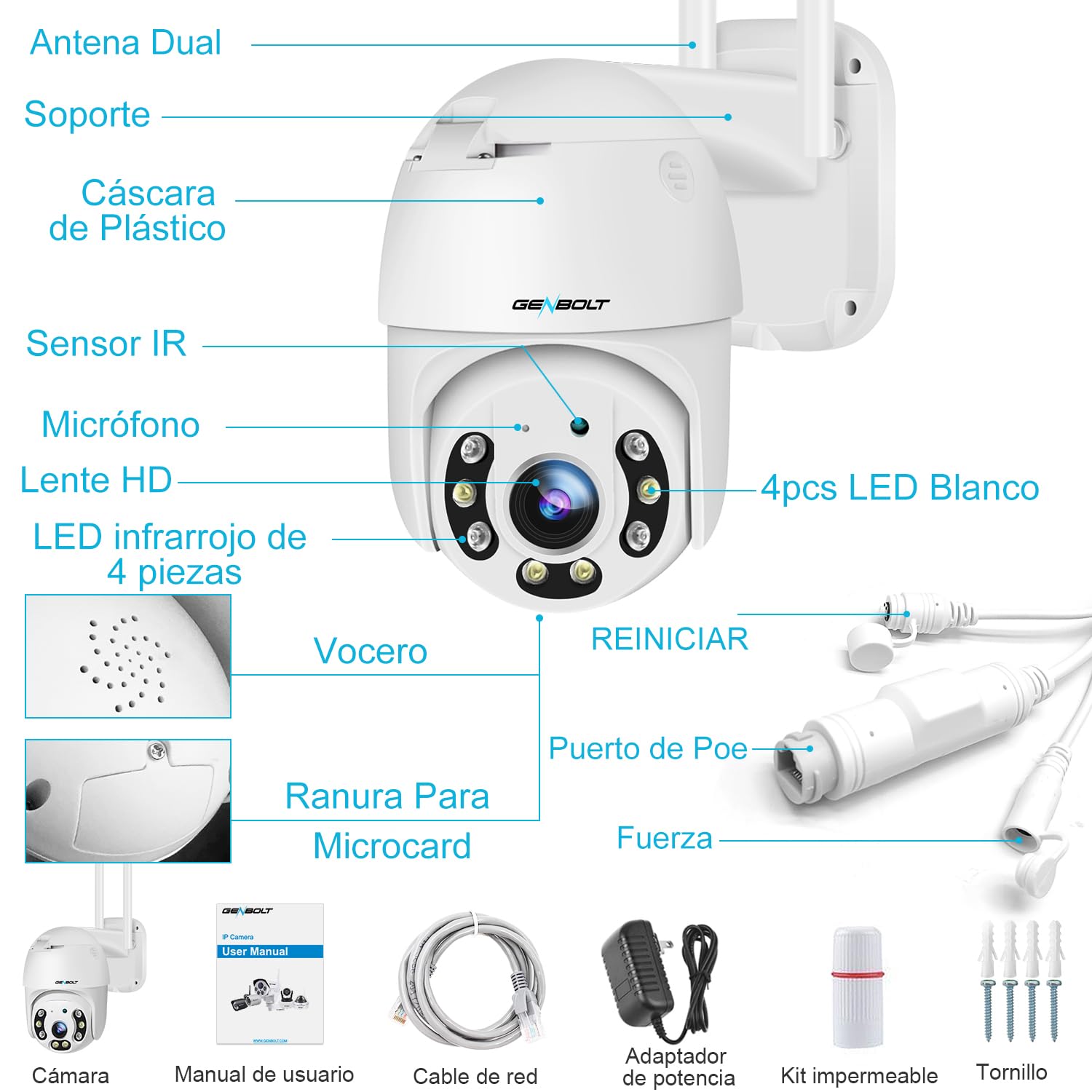GENBOLT 2.5K Cámara Vigilancia WiFi Exterior con PTZ PoE Cámara | Seguimiento Automático, Detección Humana, Visión Nocturna a Color, Sirena Activa Alarma, CCTV