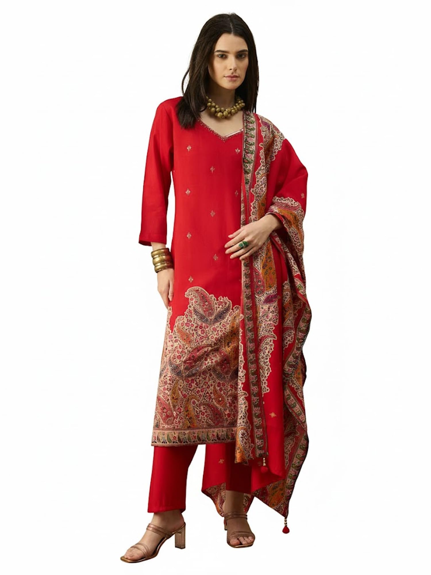 Women's Silk Blend Printed Paisley Straight Kurta & Pant With Dupatta Set (IESTR12267)-image-22