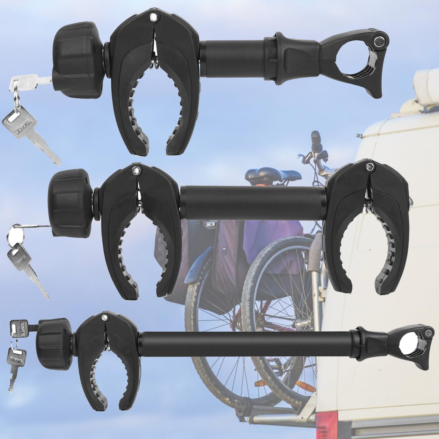 Soporte para bicicleta, juego de brazos de sujeción para marco (3 unidades), soporte para portabicicletas de bicicleta, cierre seguro y antirrobo en viajes.