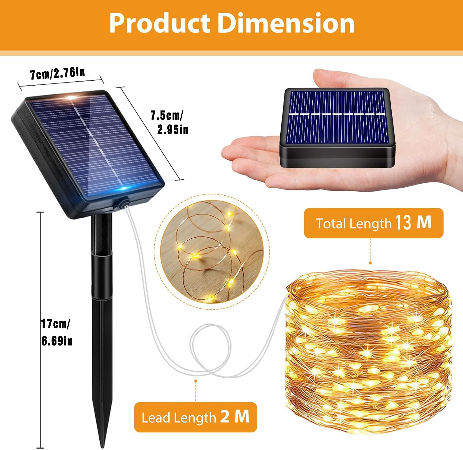 Guirnalda LED Solar Exterior 2Pack 15M, Luces Solares con Alambre de Cobre, 8 Modos Cadena Lámparas Blanco Cálido, Impermeable IP65 para Jardín,Fiesta,Boda Decoración
