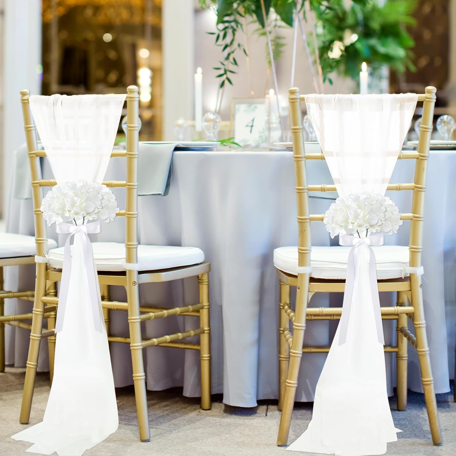 VitalCozy 24 Set Wedding Aisle Chair Decorations for Wedding Ceremony Pew Decor Chiffon Chair Sashes with Ribbon Bows and Artificial Floral for Church Aisle Bulk Decorations (Hydrangea)