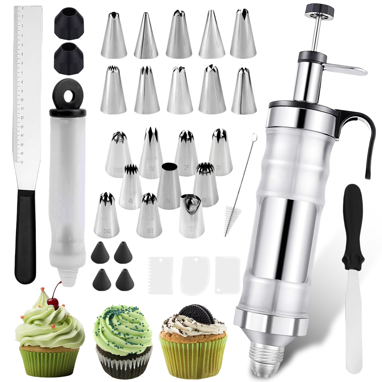 Lot de 34 seringues à gâteau en acier inoxydable - 20 douilles professionnelles - Réutilisables - Accessoires de pâtisserie pour décoration de gâteaux, beignets, cupcakes, pâtisseries