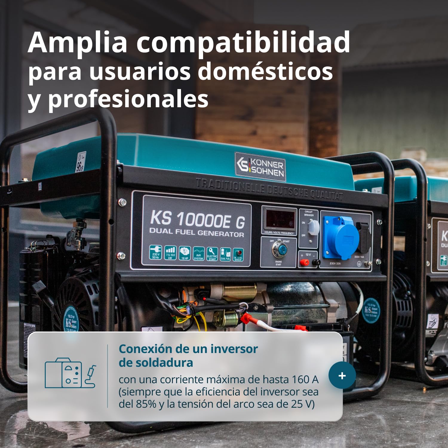 Könner & Söhner KS 10000E G - Generador de gasolina LPG híbrido de 4 tiempos, 7500 W, 1 generador de 16 A, 1 generador de 32 A, con regulador de voltaje automático de 230 V,