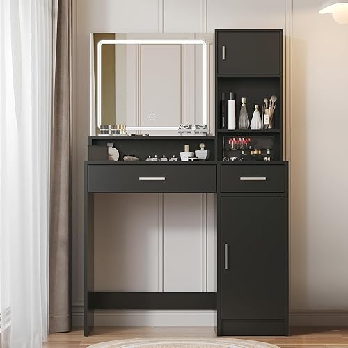 MIRROTOWEL Vanity Desk with Mirror and LED Light Strip,Dressing Table with Large Drawer, 3 Level Storage Dresser & 3 Lighting Modes Adjustable Brightness, Suitable for Bedroom (Black)