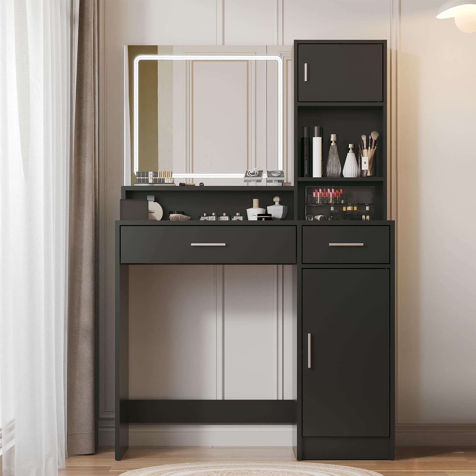 Photo 1 of MIRROTOWEL Vanity Desk with Mirror and LED Light Strip,Dressing Table with Large Drawer, 3 Level Storage Dresser & 3 Lighting Modes Adjustable Brightness, Suitable for Bedroom (Black)