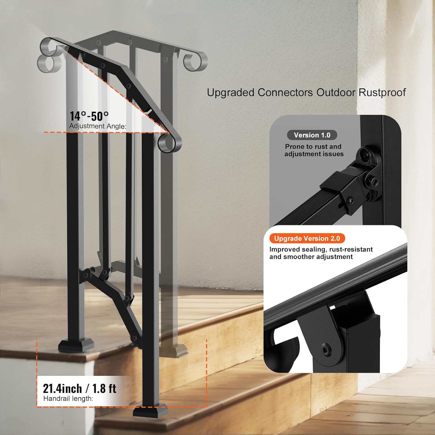 VEVOR Handrails for Outdoor Steps, 1 Step Stair Hand Rail Kit, Transitional Carbon Steel Railings with Installation Kit, Stair Rails for Seniors, Concrete Steps & Porch & Deck, Black Retro Arch