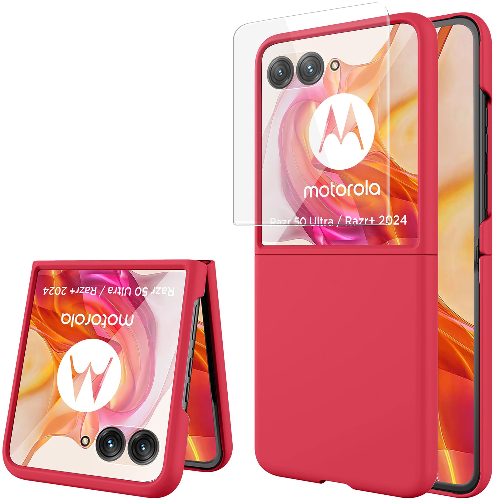 Miimall Motorola Razr 50 Ultra Case, Slim Shockproof Case with Screen Protector, Scratch Resistant Hard PC Case for Motorola Razr 50 Ultra (Red)