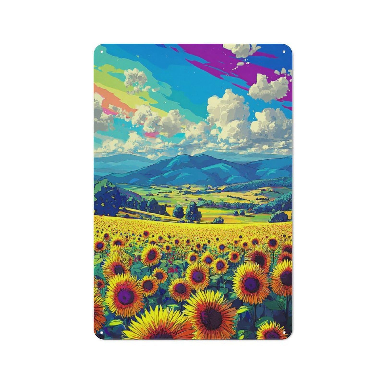 Junmoney Sunflower Fields Under Rainbow Sky Farmhouse Metal Sign With Design 30X20cm, Rustic Farmhouse Wall Decor For Farmhouse Kitchen, Pantry Or Dining Area