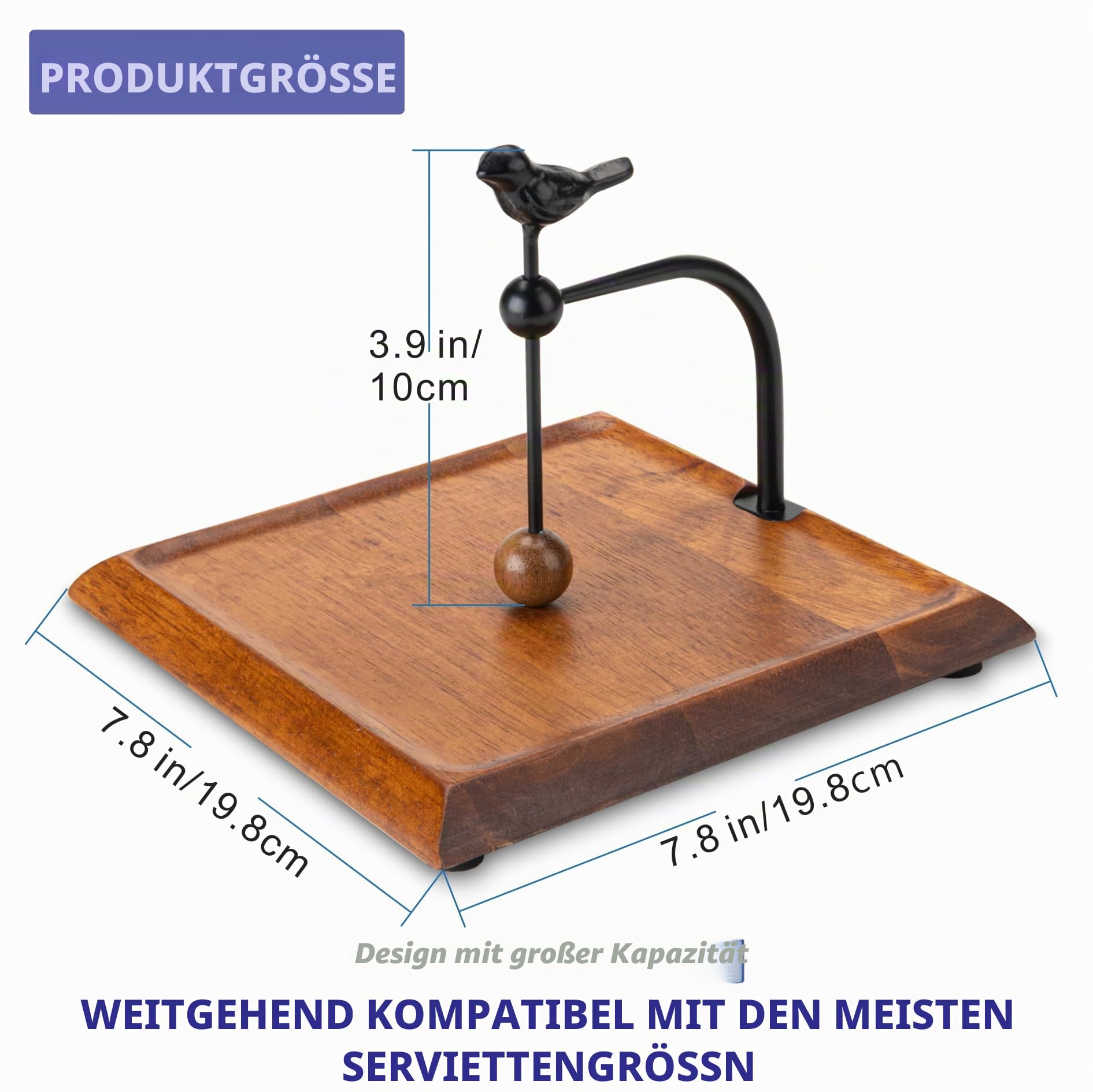 Holzserviettenhalter mit vogelartigem Griff – Eleganter flacher Serviettenhalter mit gewichtetem Arm für Papierservietten, Cocktailservietten – Perfekt für Küche, Esstisch, Café und Bar