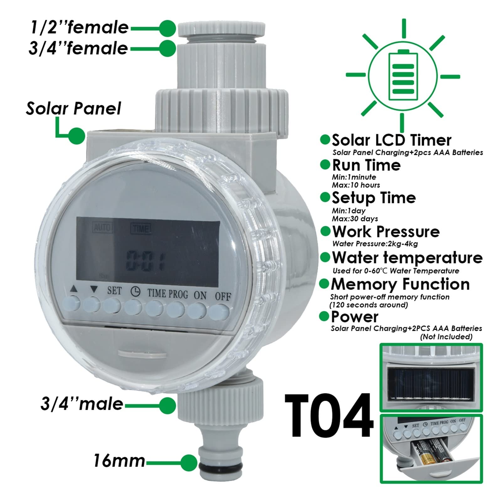 Kit di irrigazione a goccia 30-50M valvola a sfera timer giardino irrigazione automatica accessori balcone kit gocciolamento esterno ugello regolabile (colore: timer LCD solare T04)