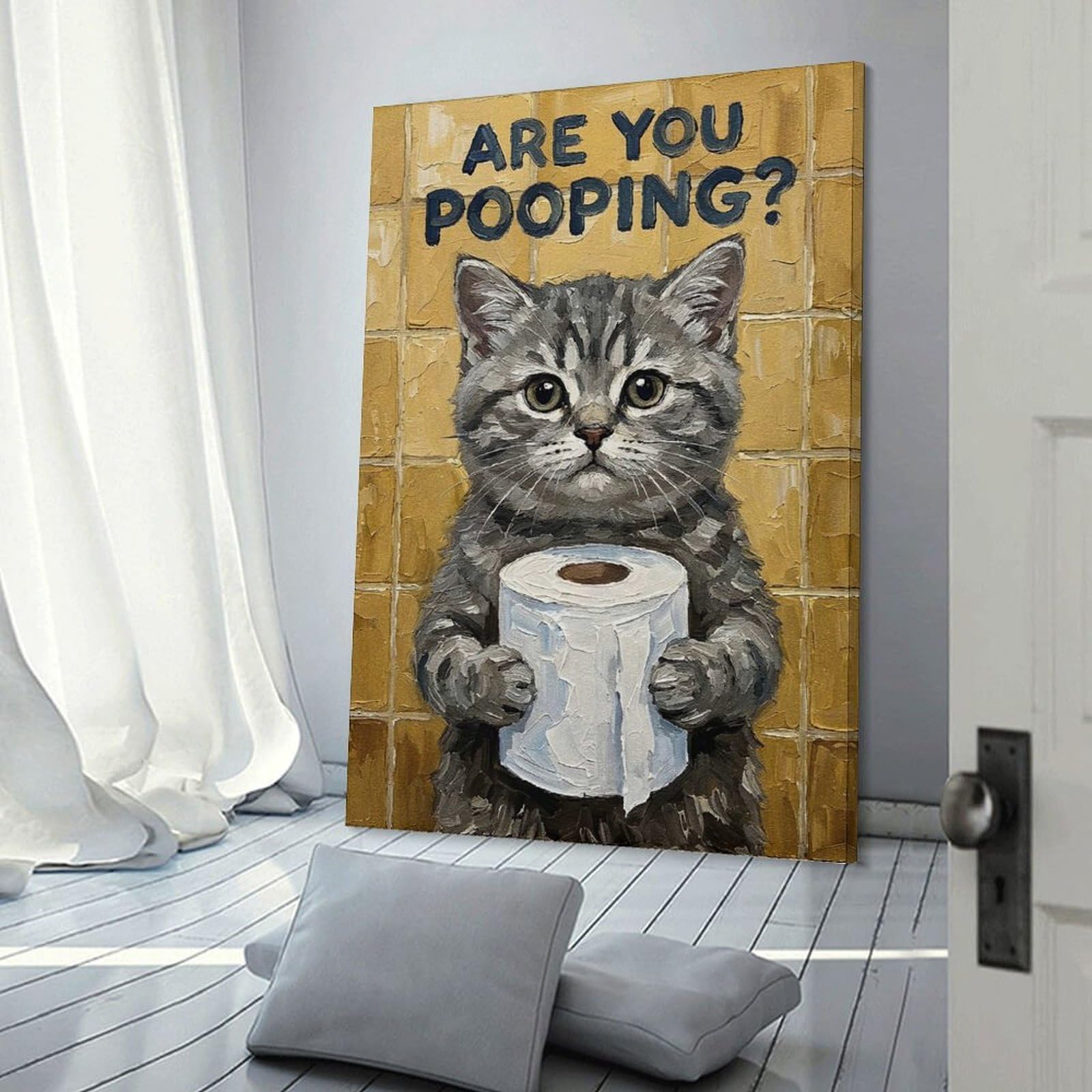 Junmoney Frame-Style-20 Are You Pooping Cat With Toilet Paper Decorative Wall Artwork, 24X36inch(60X90cm), For Living Spaces, Bedrooms Or Relaxed Rooms, Modern Wall Decor For Cosy Interiors