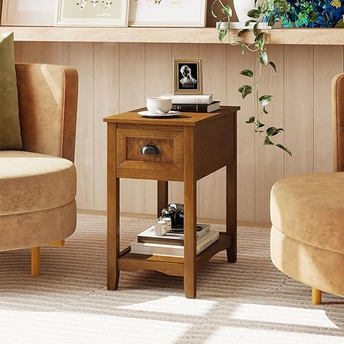 Miniatura 2 de Giantex - Mesa auxiliar con cajón, estilo retro, mesita de noche con estante de almacenamiento y cajón, ideal para sala, dormitorio, hogar y oficina