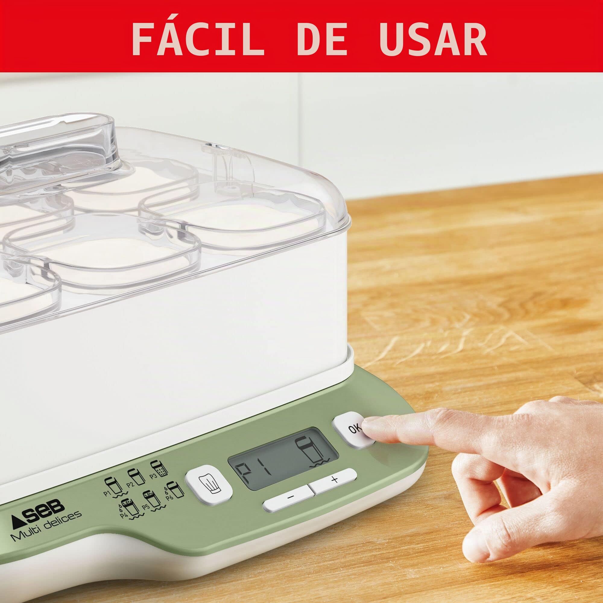 Seb Multi Delices Express Vegetal Yogurtera 6 tarros de vidrio 140 ml, libre de BPA, 6 programas, programa expreso, fabricado en Francia YG660A11