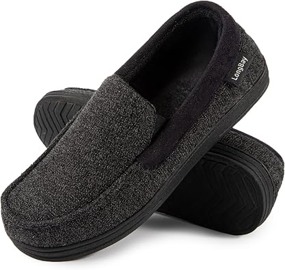 LongBay Men's Moccasin Slippers Memory Foam Plush Fleece House Shoes in Indoor Outdoor