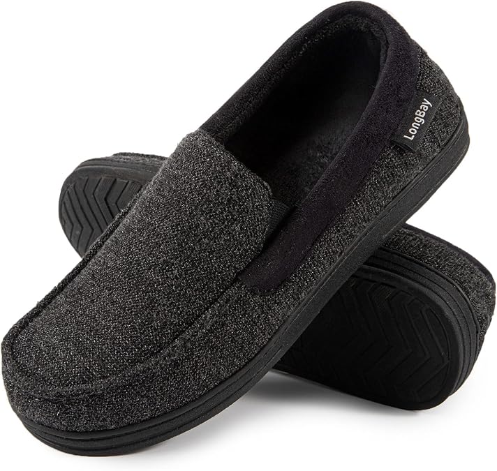 LongBay Men's Moccasin Slippers Memory Foam Plush Fleece House Shoes in Indoor Outdoor