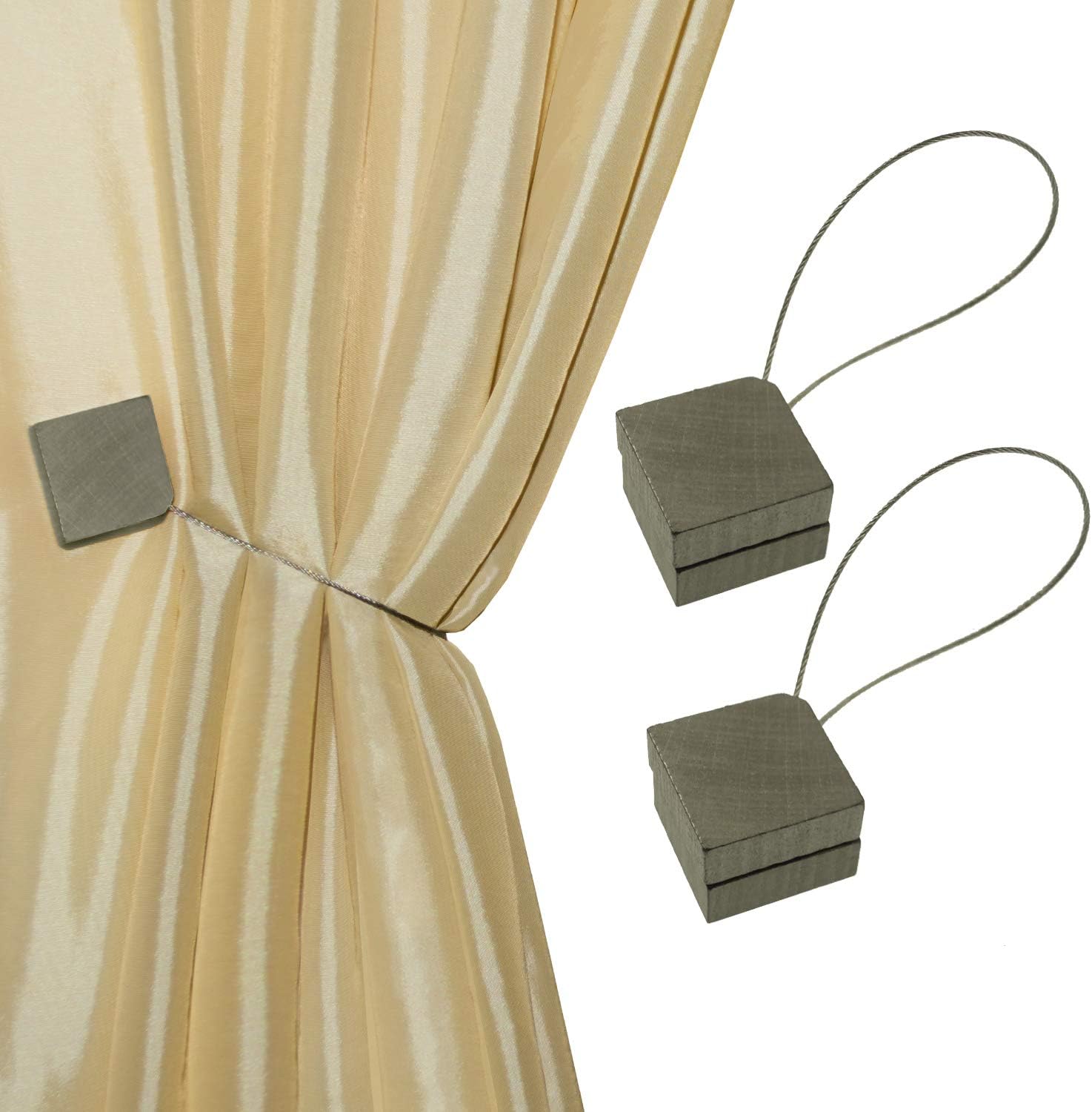 Curtain Tiebacks or Holdbacks, Curtain Clips - Magnetic Wood Buckle, Set of 2, Quadra (Silver)