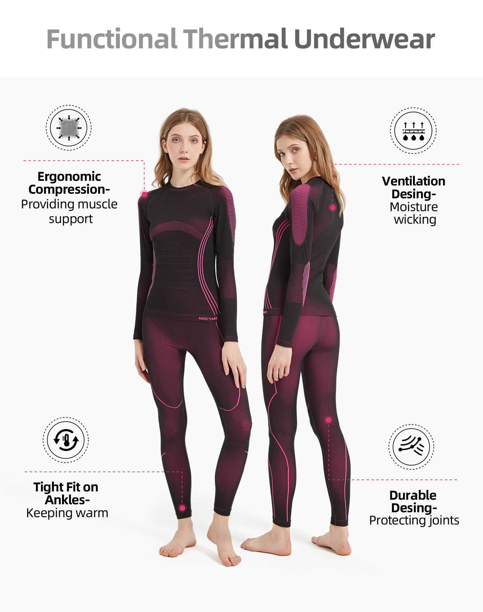 NOOYME Intimo Termico Donna Biancheria Intima Termica Funzionale Donna Pantaloni e Maglia Termica Traspirante Asciugatura Rapida per Sci Corsa Palestra