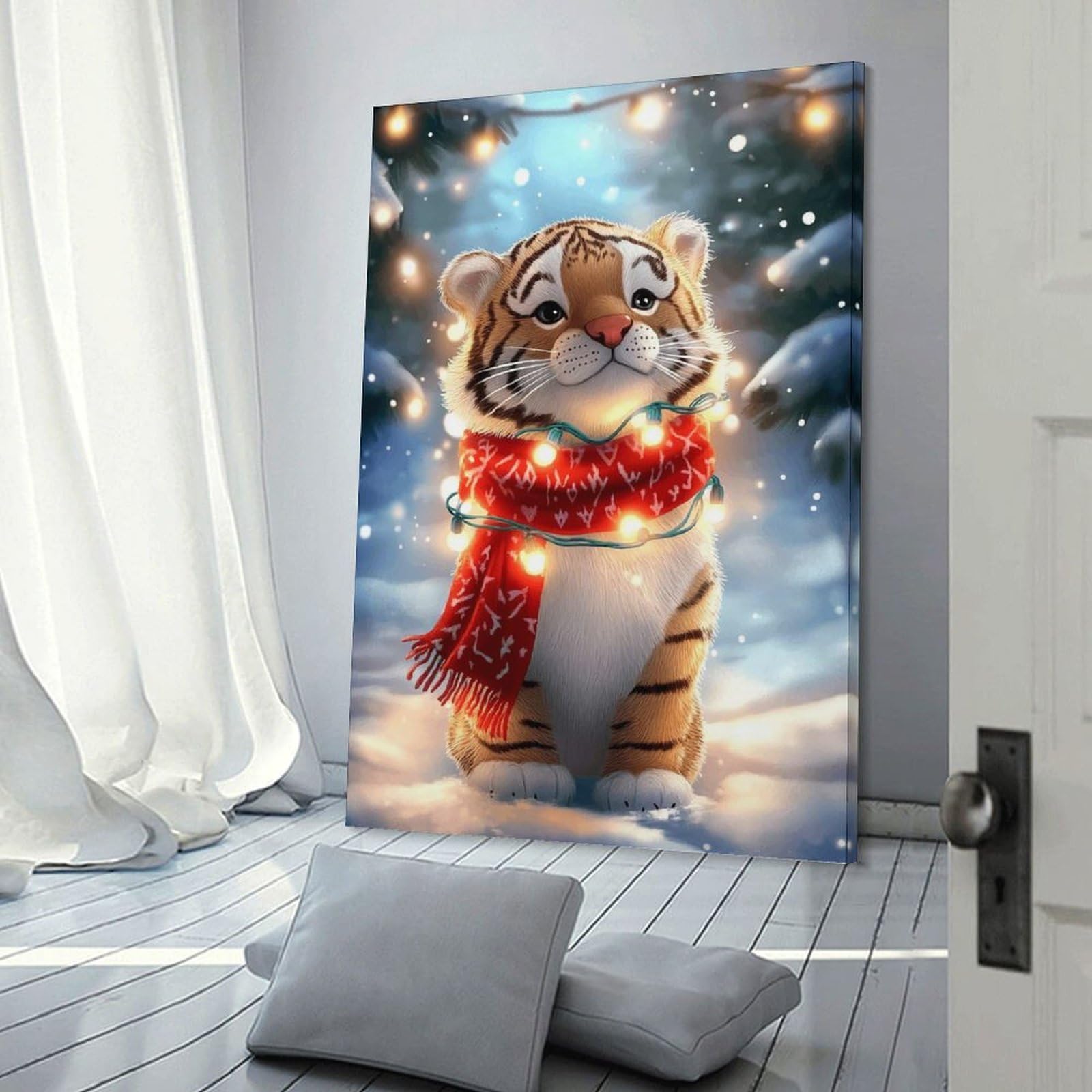 Junmoney Cute Tiger Cub in Winter Canvas Wall Decor, 16x24inch(40x60cm), for Gallery Wall Decor And Room Displays, Wall Decor Suited to Curated Displays