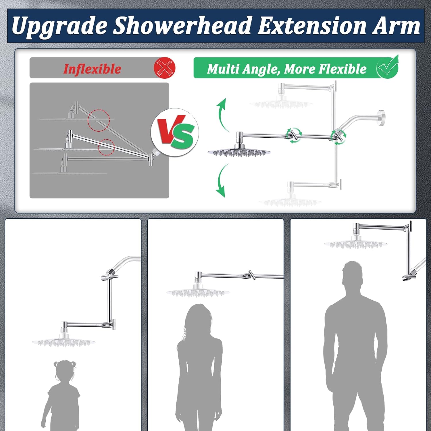 Solid Brass Shower Head Extension Arm, 13 Inch Adjustable (Chrome) | Height & Angle Adjustable Extender, Universal G1/2 Connector for Rainfall or Fixed Showerhead
