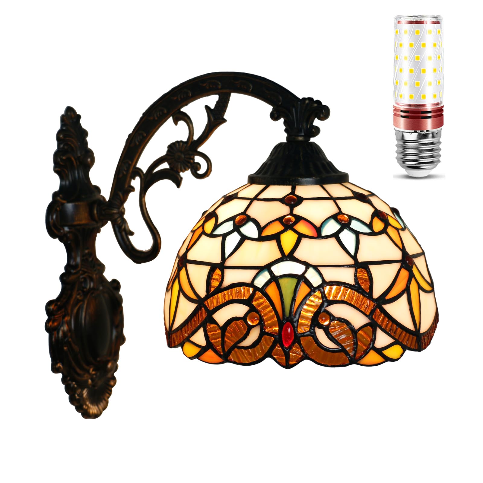 Uziqueif Baroque A 8 Inch Tiffany Style Wall Lights, Vintage Baroque Stained Glass Wall Lamp Sconce For Bedroom, Living Room, Lounge, Corridor, Kitchen, Hallway,