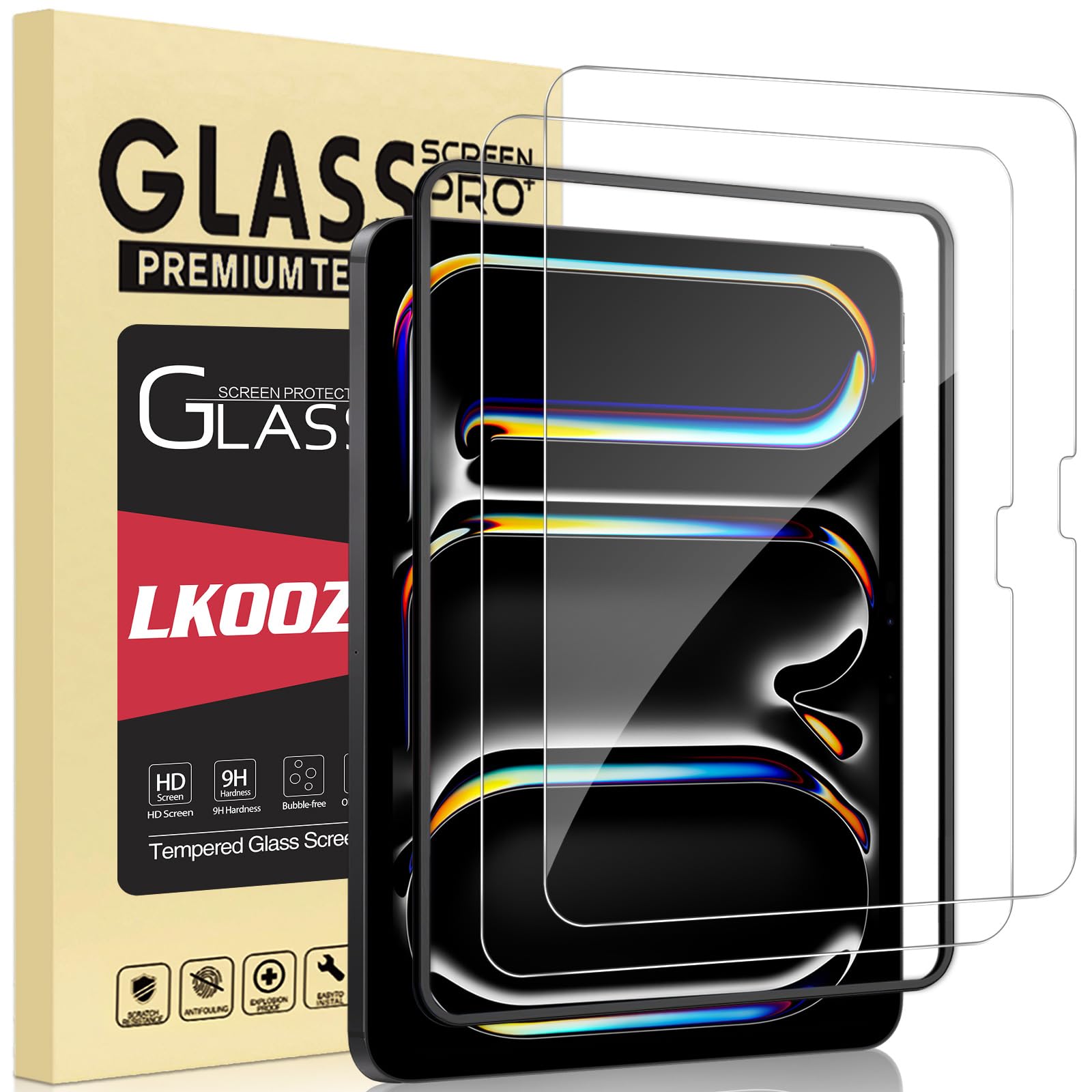 LKOOZO [2 Stück Schutzfolie für iPad Pro 11" (M4) 2024 Panzer Schutz Glas mit Rahmen-Installationshilfe, HD Displayschutzfolie, Kratzfest