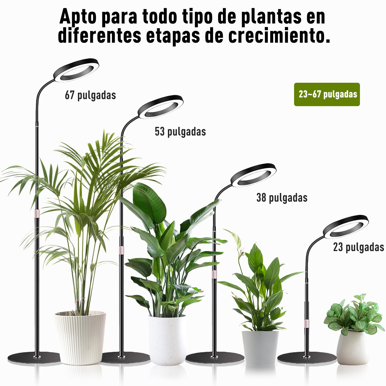 Lámpara para Plantas LED, Espectro Completo 380-800nm con Temporizador 6/12/16H, 3 Modos Luz & 10 Niveles Brillo, Altura Ajustable 57-170cm, Grow Light para Plantas de Interior, Incluye Temporizador