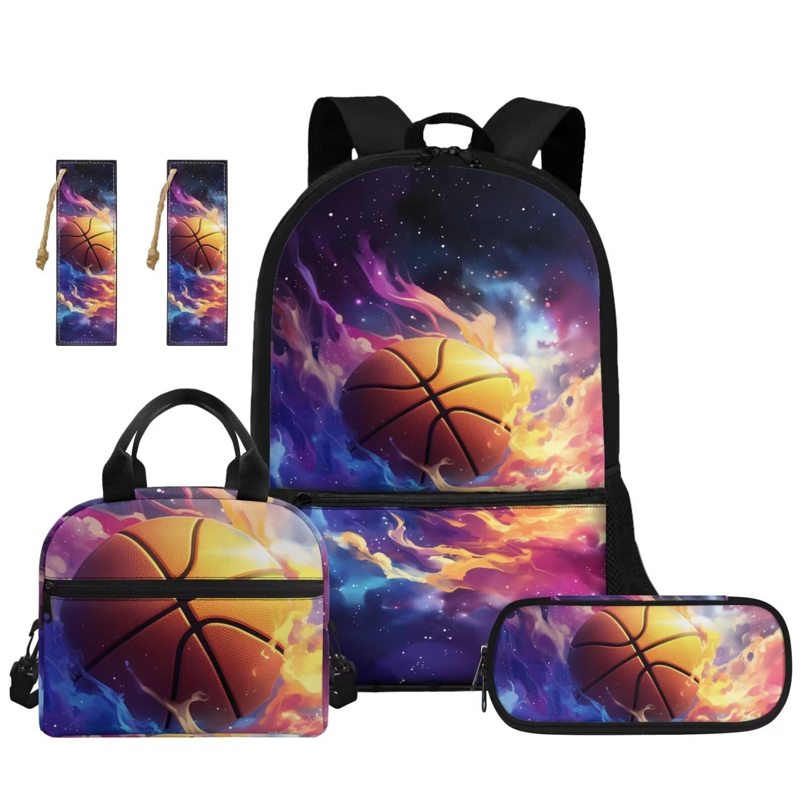 5-teiliges Schulrucksack-Set mit Lunchtasche, Stifttasche, 2-teiliges Lesezeichen für Grundschulkinder, Galaxy-Basketball, Modern