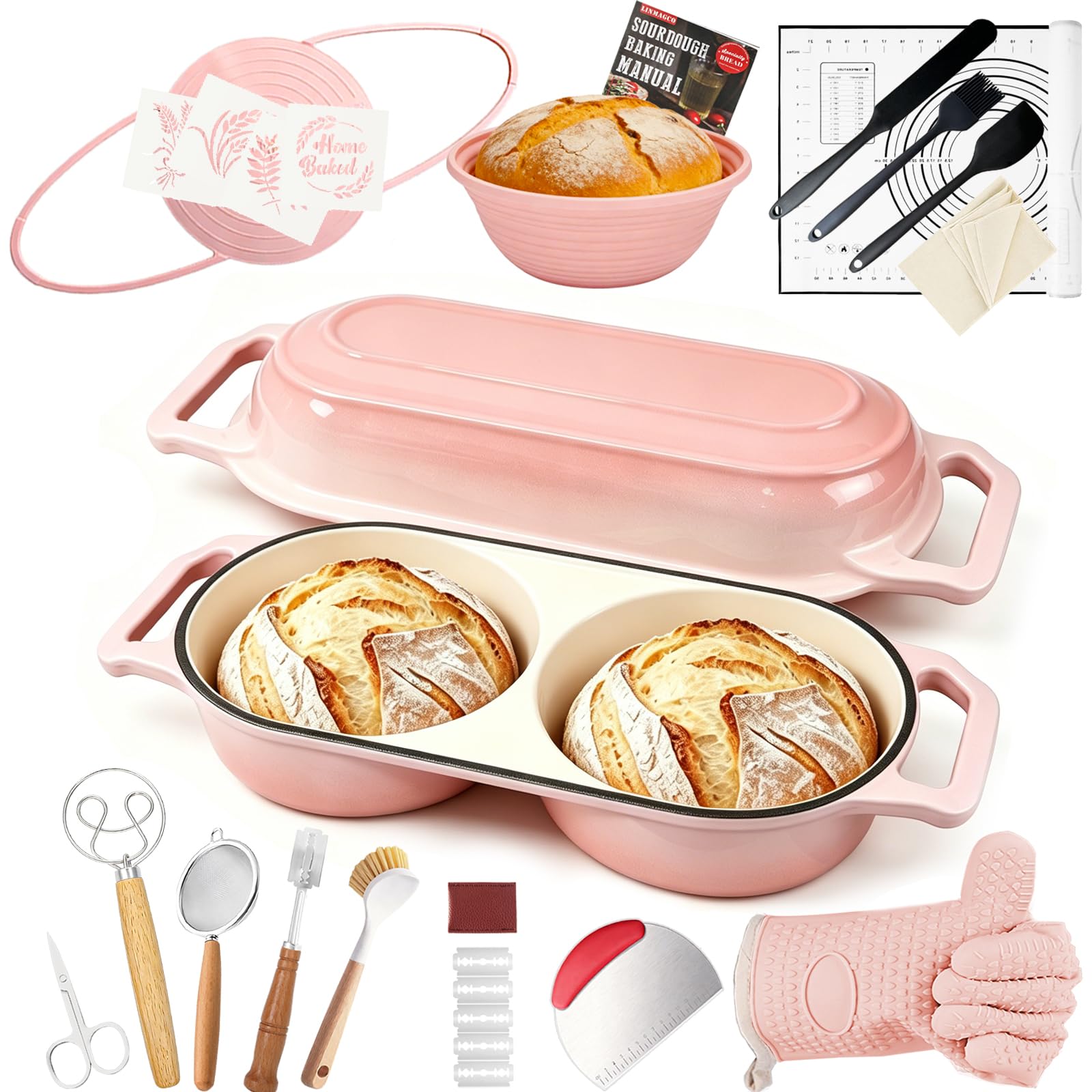 LINMAGCO Emaillierte Brotbackform aus Gusseisen, Brotbackform mit Deckel inkl, zwei runde Backfächer, Dutch Oven mit Deckel, Ofenfeste Handwerker Brotbackform, Gusseisen(Rosa)