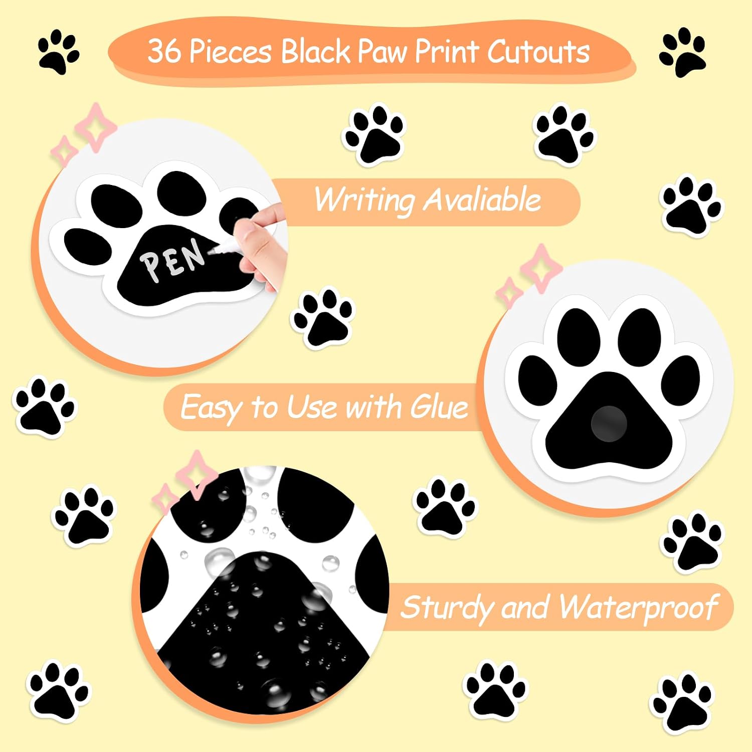 Weecent 36 Pcs Paw Prints Cutouts, 6 Inch Large Size Dog Paw Print Cut Out Bulletin Board Decorations for Kids Educational School Classroom Home Craft Wall Decor Party Favor Supplies (Black)
