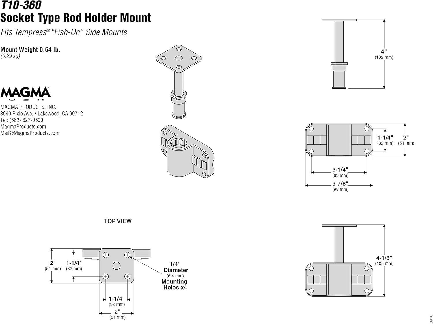 Magma Products, T10-360 Tempress Fish-On Socket Fish-Rod Holder Mount