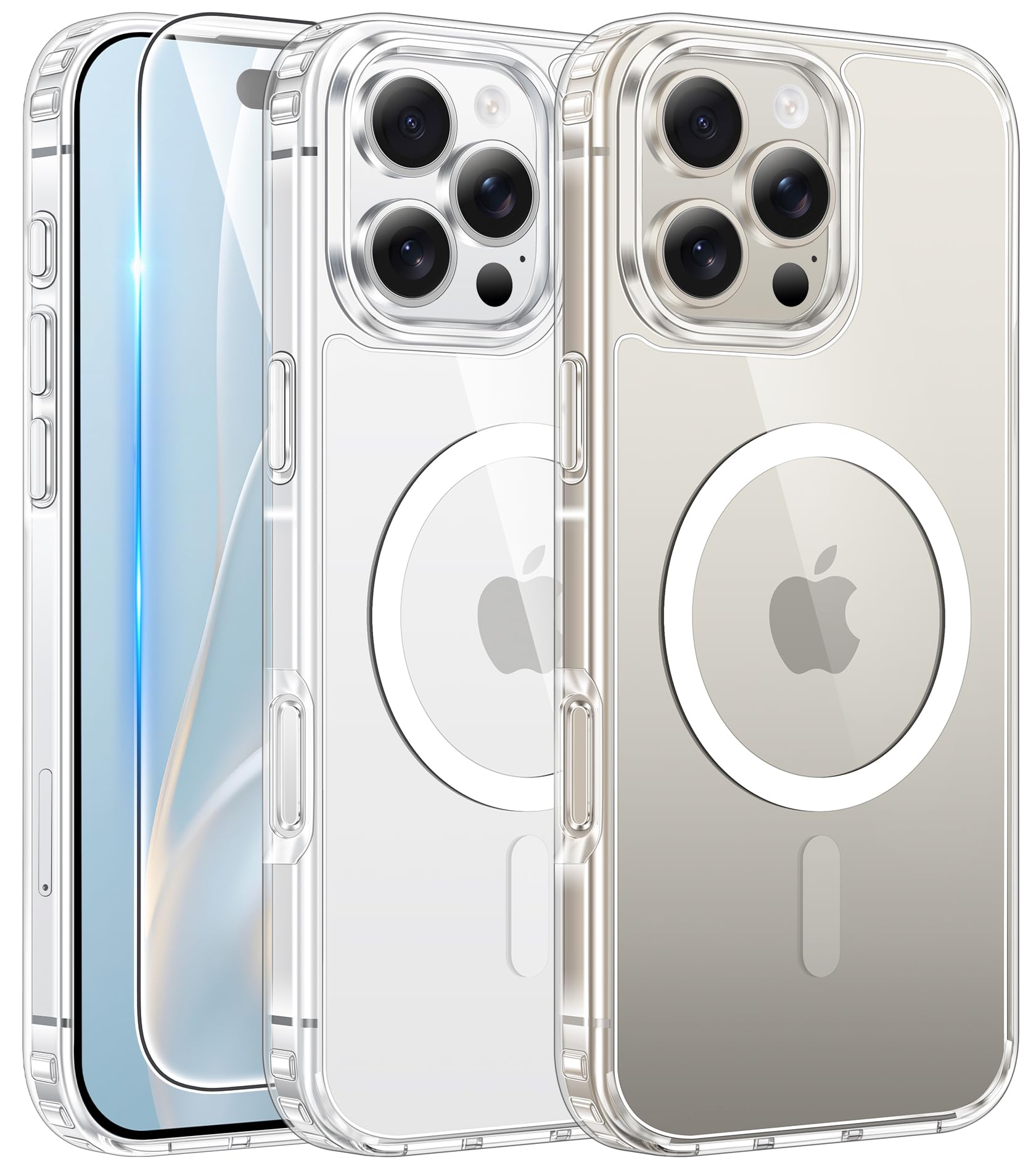 FNTCASE for iPhone 16 Pro Case Clear Magnetic with Screen Protector | Anti Yellowing, Rugged Shockproof Protective, Slim Phone Cases, Transparent Cell Phone Cover
