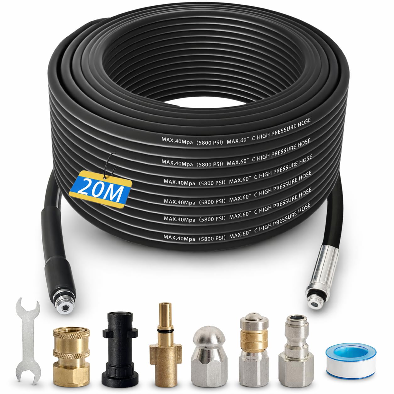 20M Rohrreinigungsschlauch für Hochdruckreiniger, Rohrreiniger Set Kanalratte mit Rotationsdüse & Knopfdüse, Abflussreiniger Rohrfrei Kompatibel mit Kärcher K-Serie, Lavor & 1/4", Bosch AQT, 400Bar