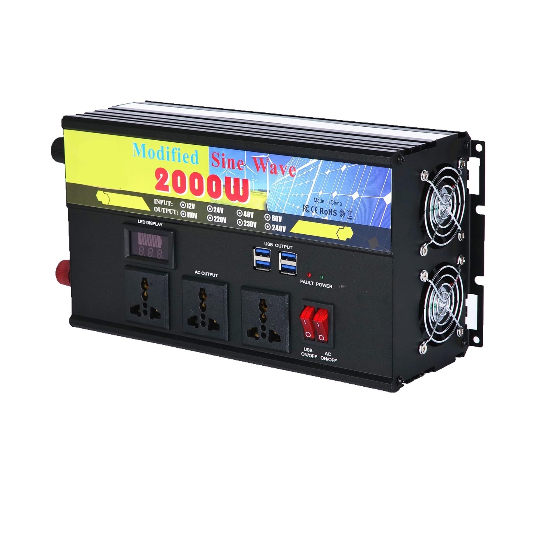 Onduleur à onde modifiée 24V 110V 2000W avec écran LED de contrôle