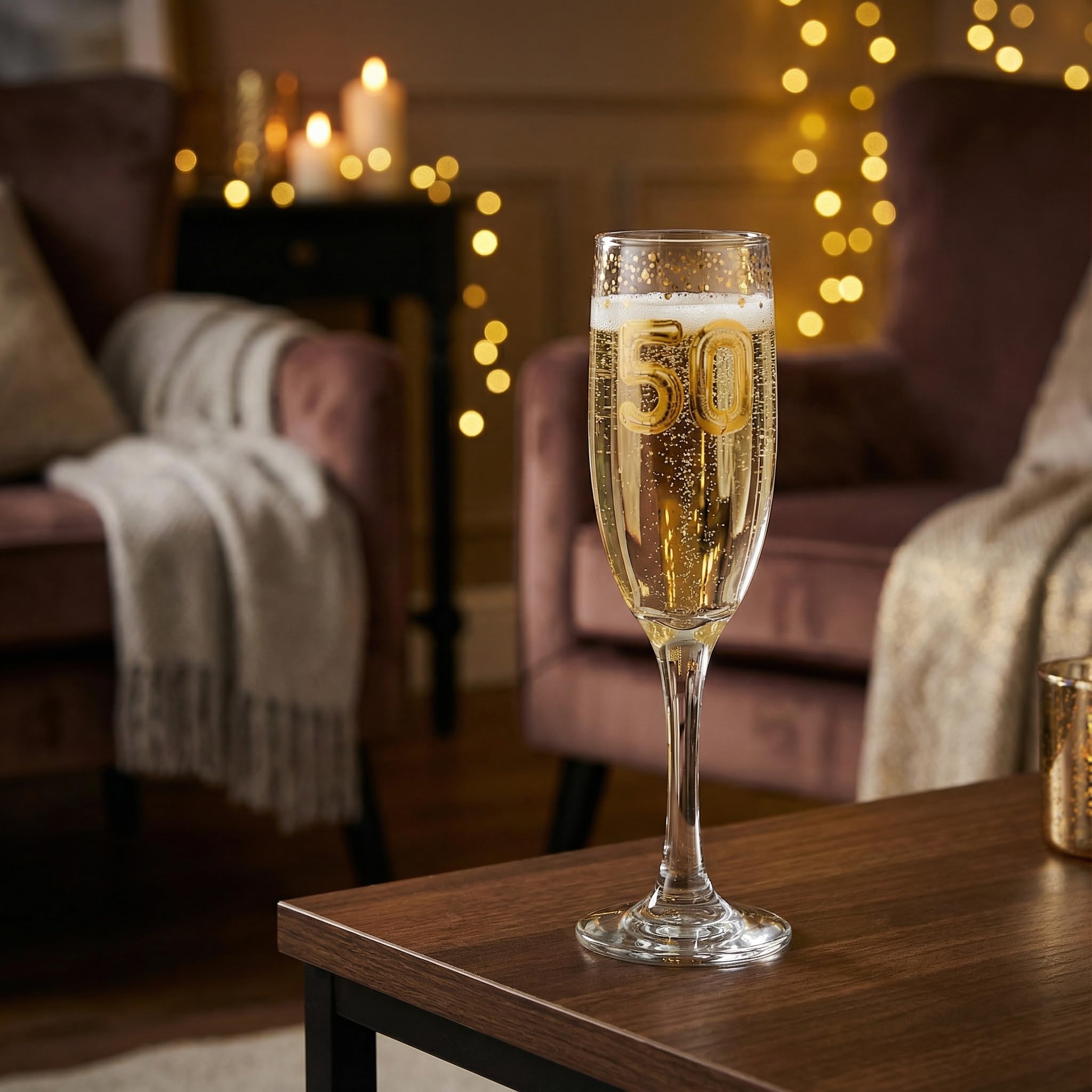 Hox Flauta de champán para regalo de 50 cumpleaños, elegante diseño de globo dorado, cristal transparente para Prosecco, champán y vino espumoso, recuerdo de celebración premium en caja de regalo