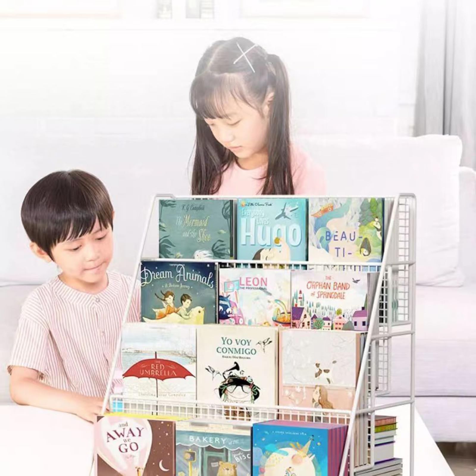 Carro para libros Carro para libros con ruedas Carro utilitario con ruedas de metal de 4 niveles Carro para archivos con ruedas para trabajo pesado Blanco para oficina, hogar, escuela, aula,