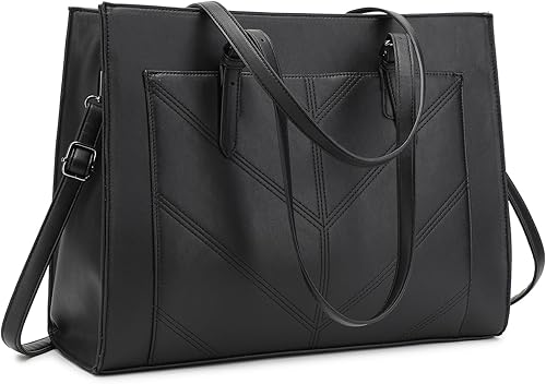 Barsine Bolsas de trabajo para mujer, maletín de oficina de gran capacidad de cuero profesional de 15.6 pulgadas, color negro