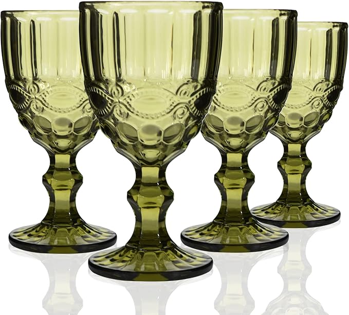 Wongblee Vintage Glass Goblets 10.8 Oz, Embossed Stemmed