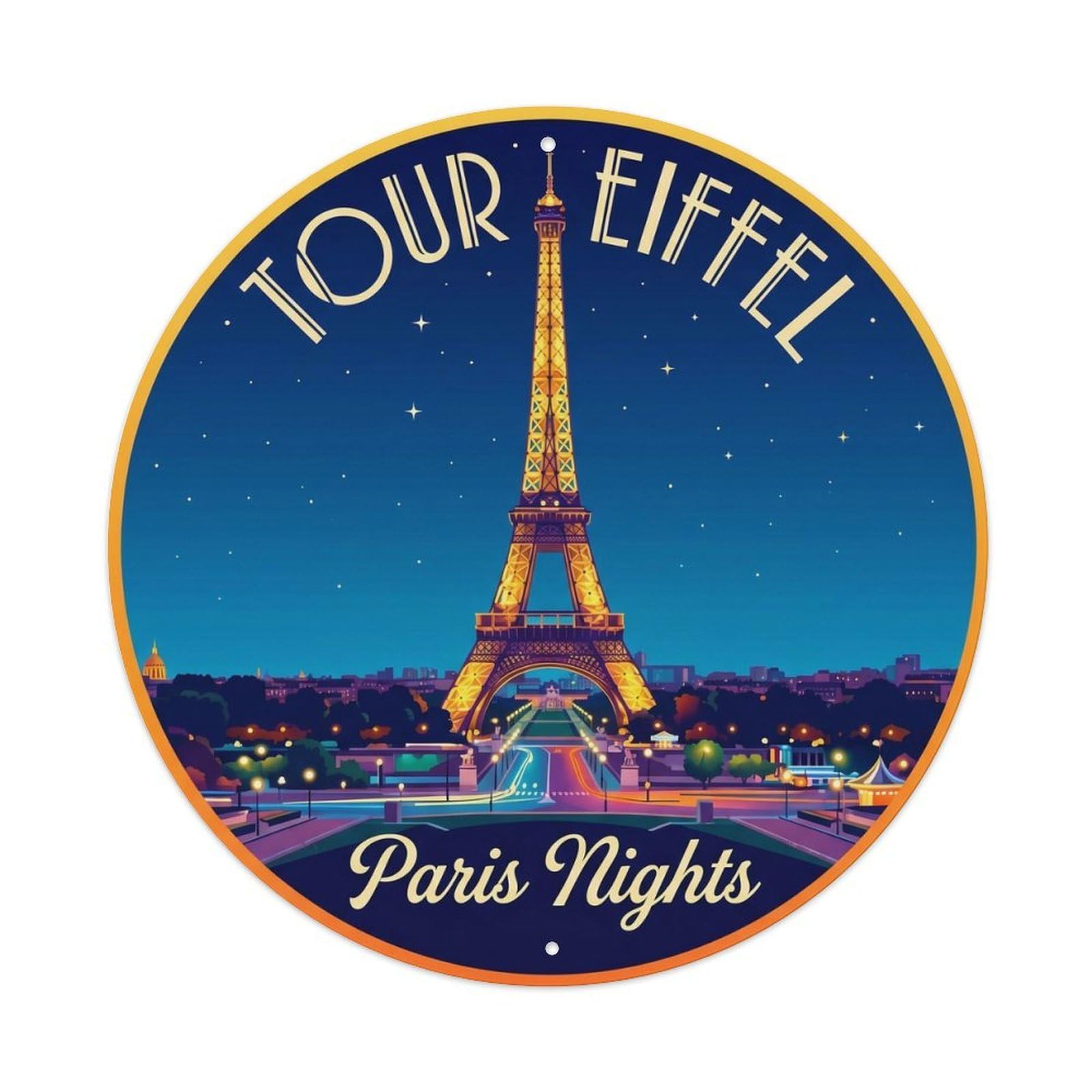 Vintage Travel Eiffel Tower Night 1 Metal Tin Sign Plaque Wall Decor for Cafe, Club, Garden Round Metal Poster 8x8Inch