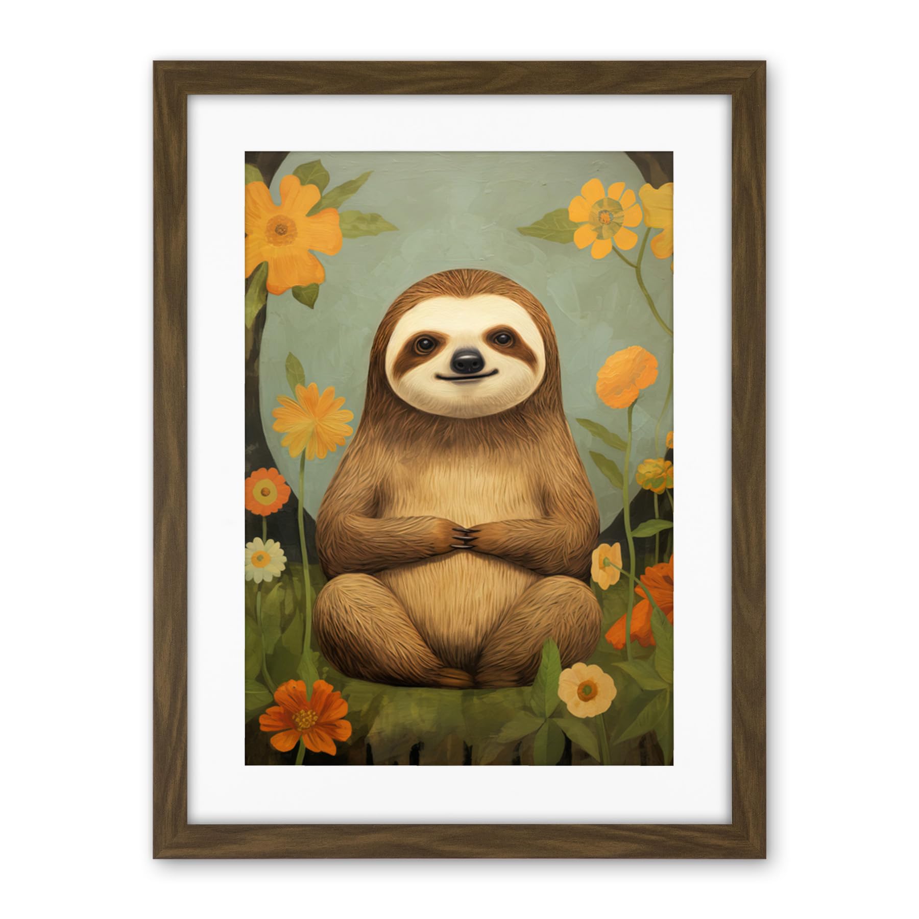 Artery8 Smiling Sloth Meditating in Forest Flowers Kids Bedroom Artwork Framed Wall Art Print 18X24 Inch