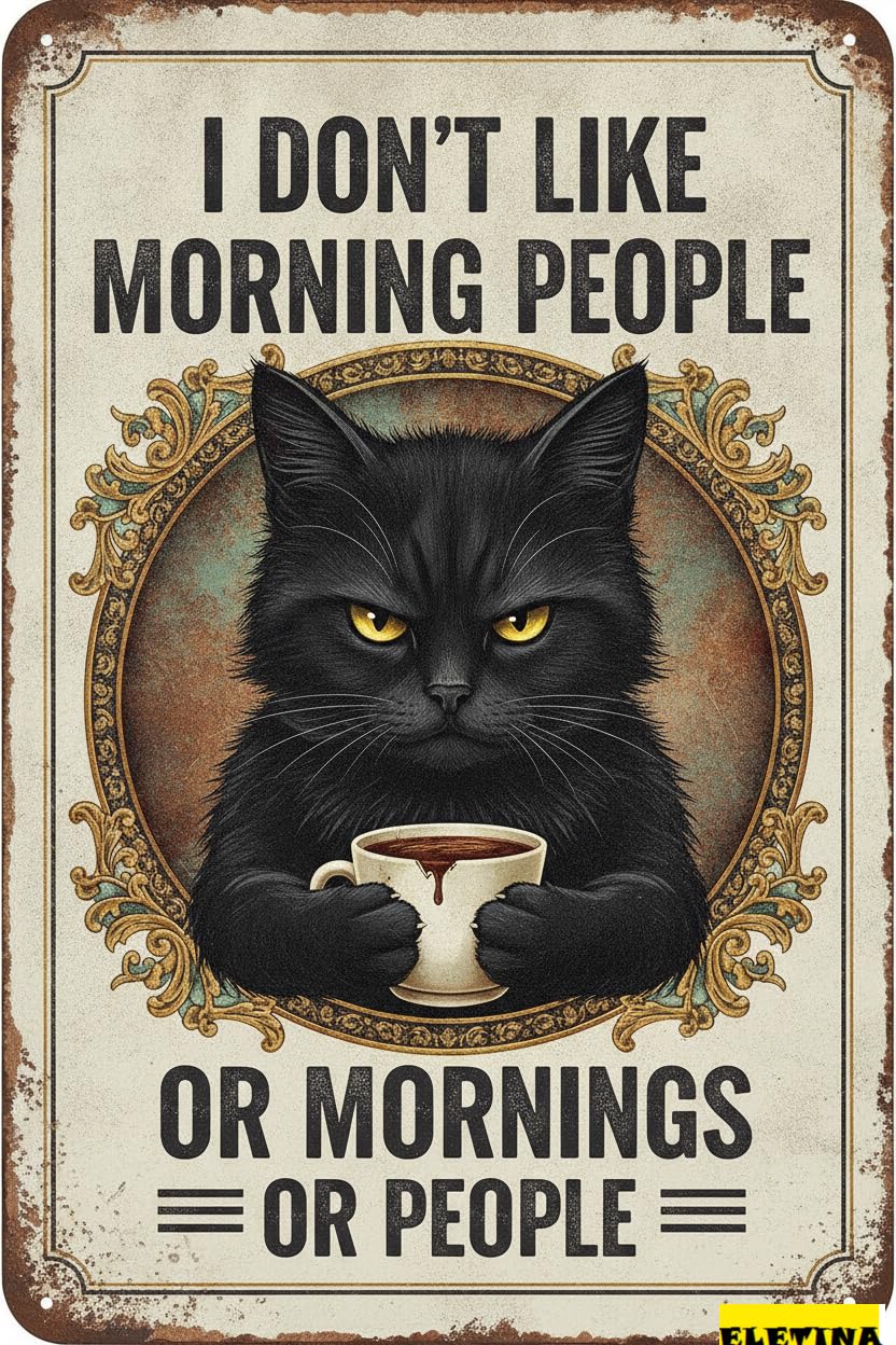 Don't Like Morning People Cat Tin Sign, 8x12 Inch Decor